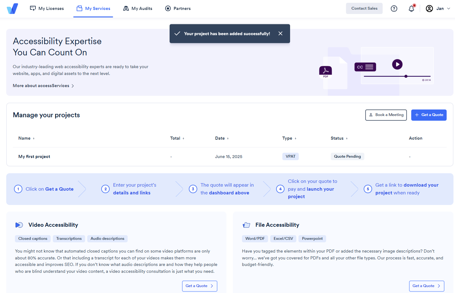Screenshot of manage project