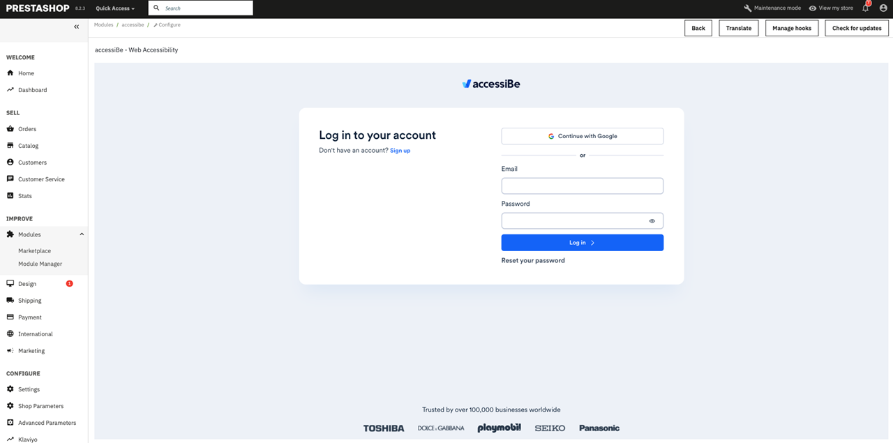 Screenshot of login to accessibe