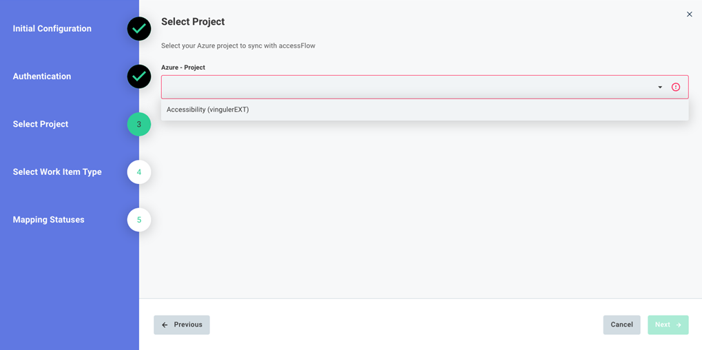 Screenshot of select Azure project