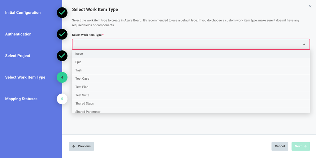 Screenshot of select work item type