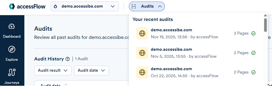 Screenshot of audits dropdown