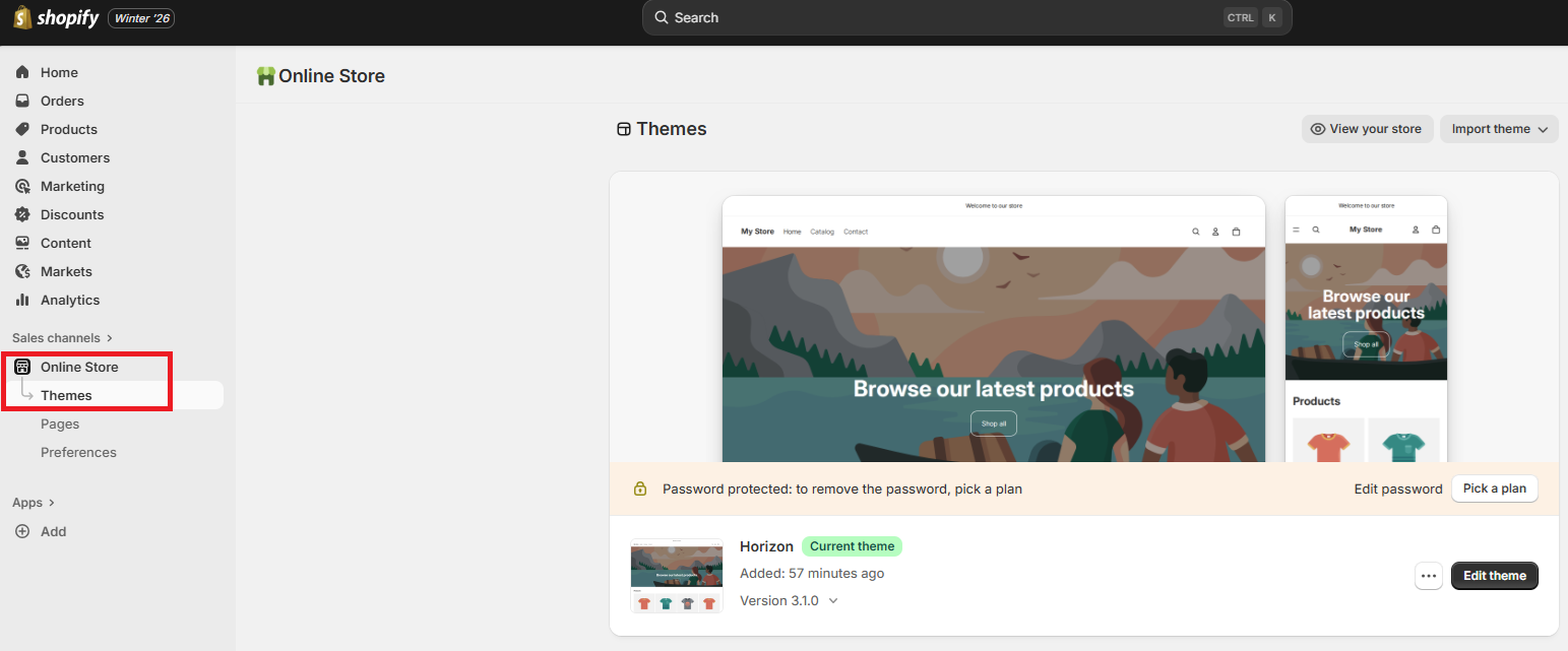 Screenshot of themes menu