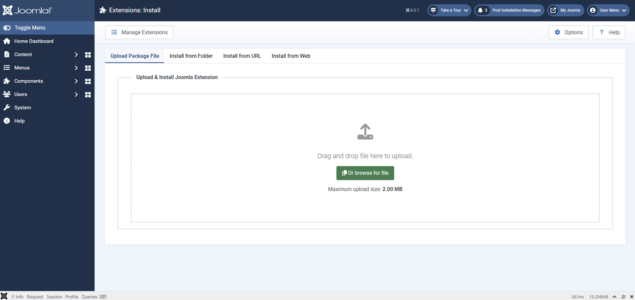 Screenshot of upload and install extension