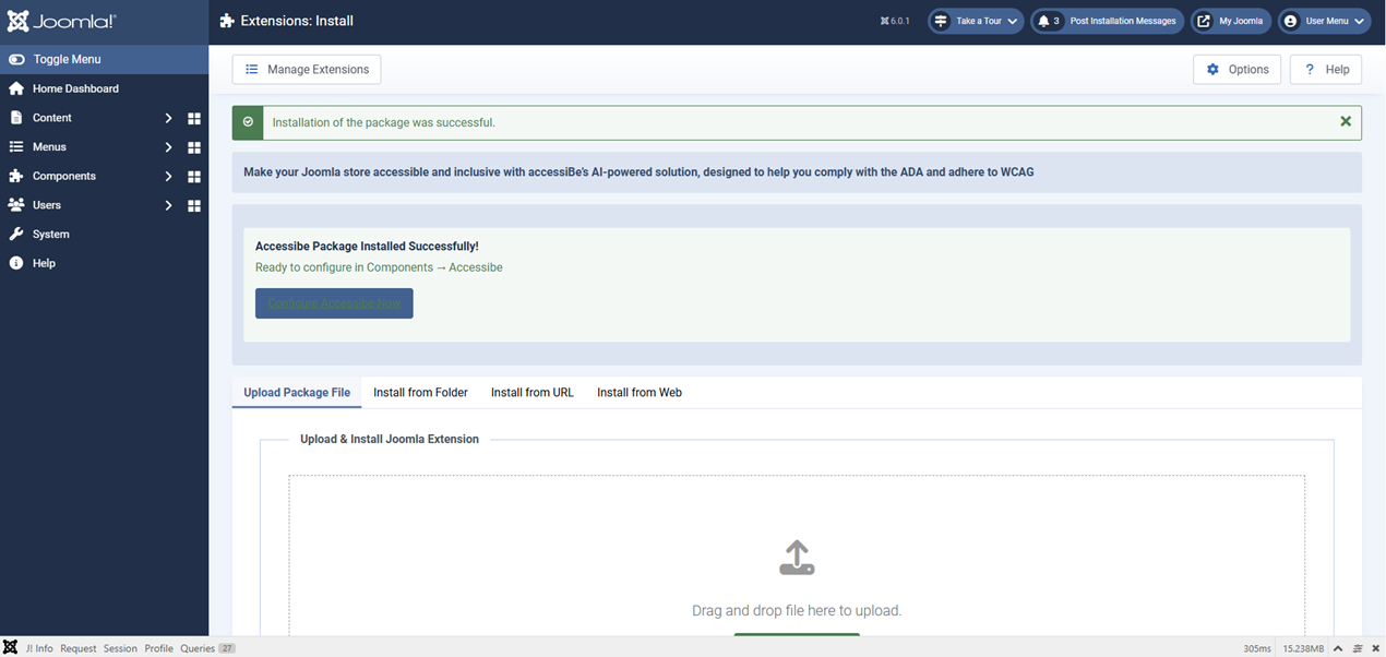 Screenshot of package installed