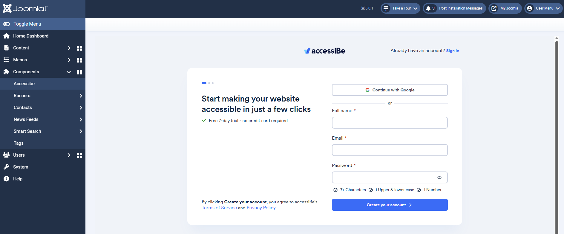 Screenshot of sign in or create an account
