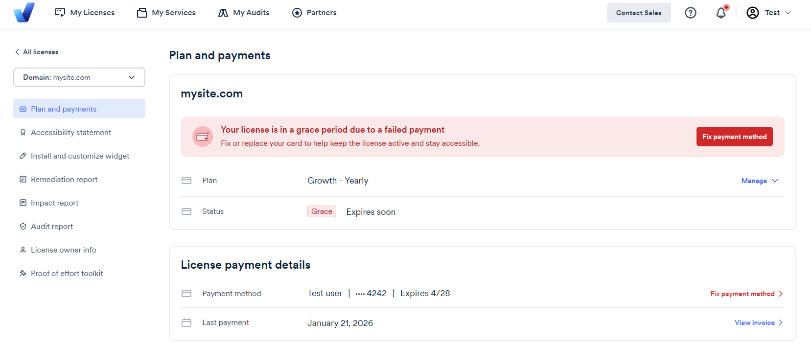 Screenshot of fix payment