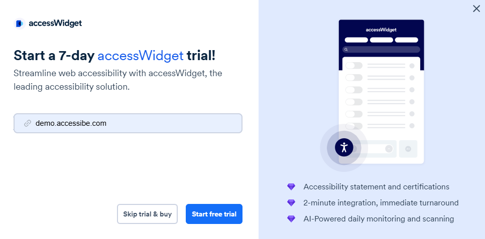 Screenshot of start trial