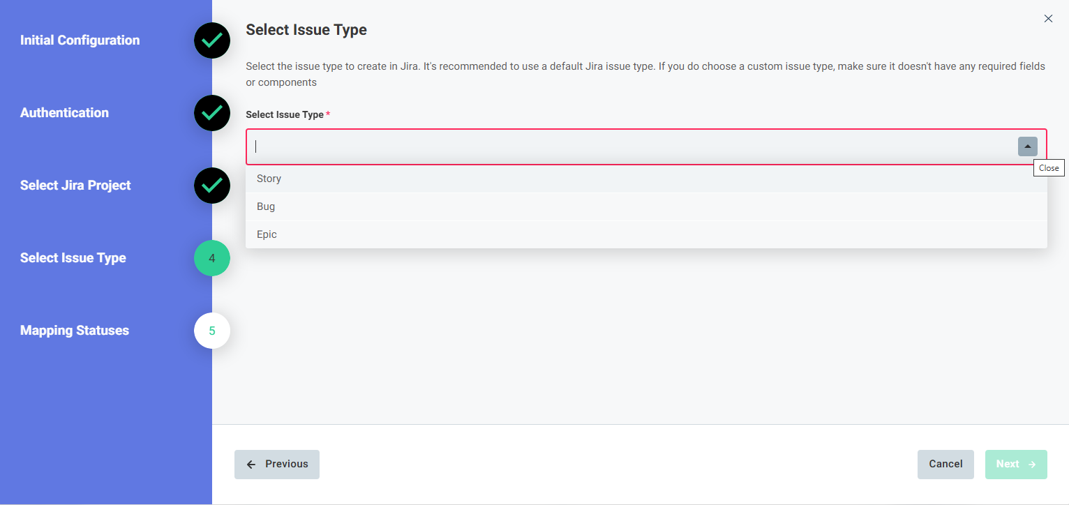 Screenshot of select issue type