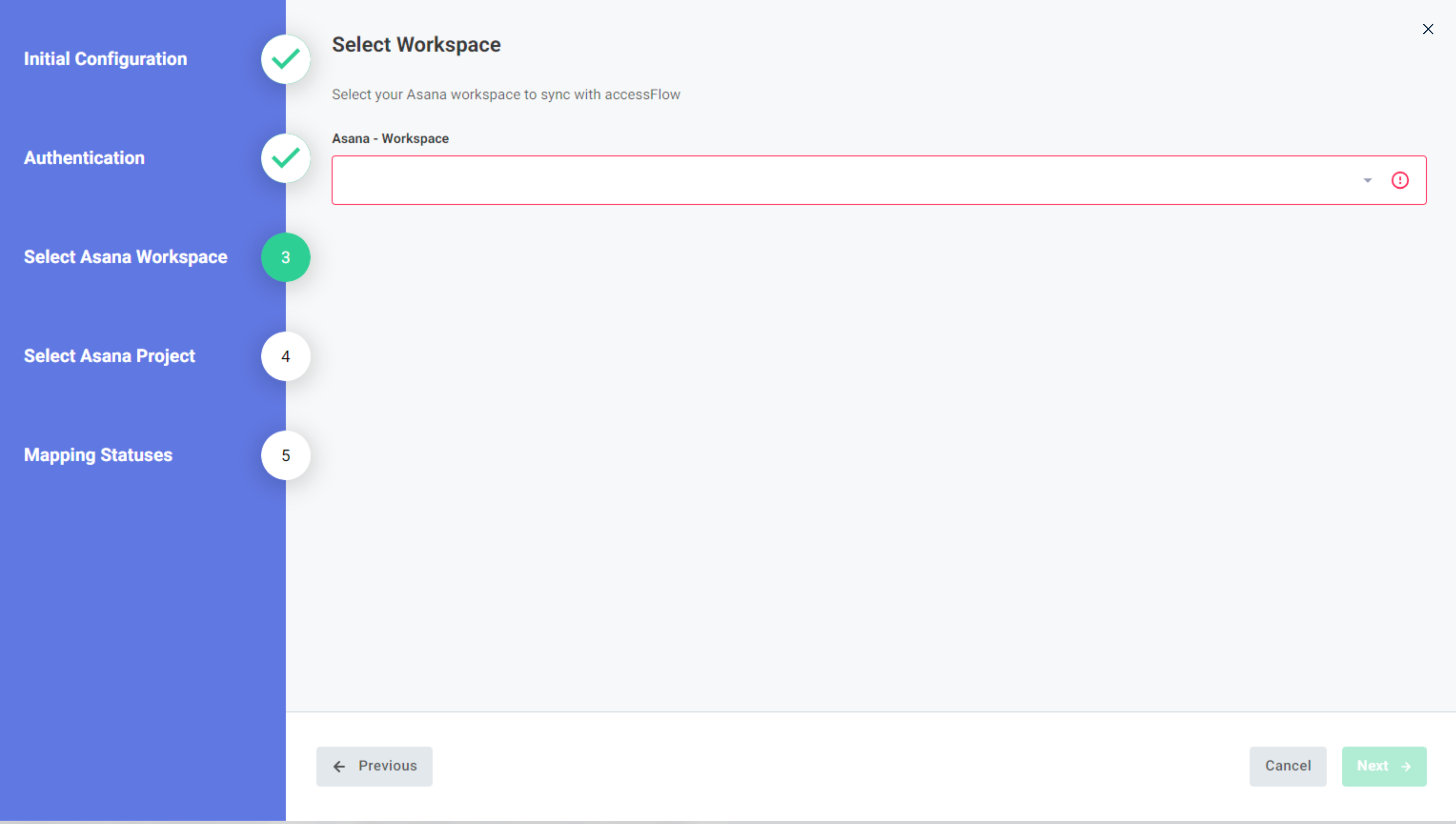 Screenshot of select workspace