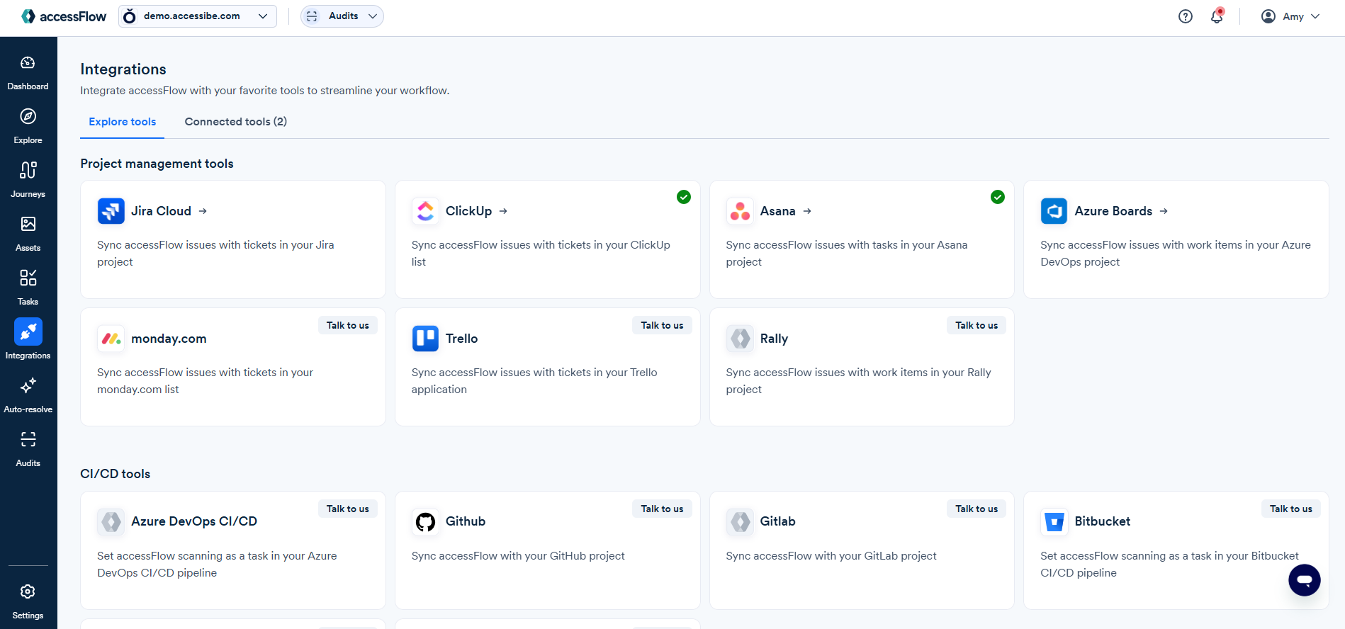 Screenshot of integrations