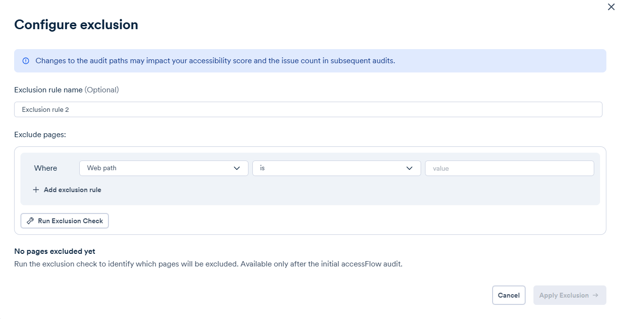 Screenshot of configure exclusion