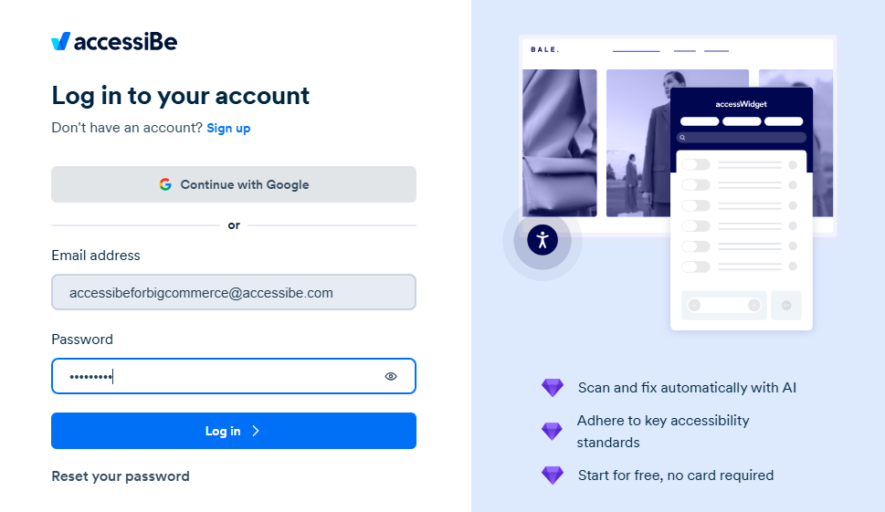 Screenshot of login to customer portal