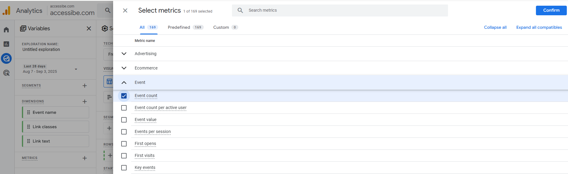Screenshot of select metric