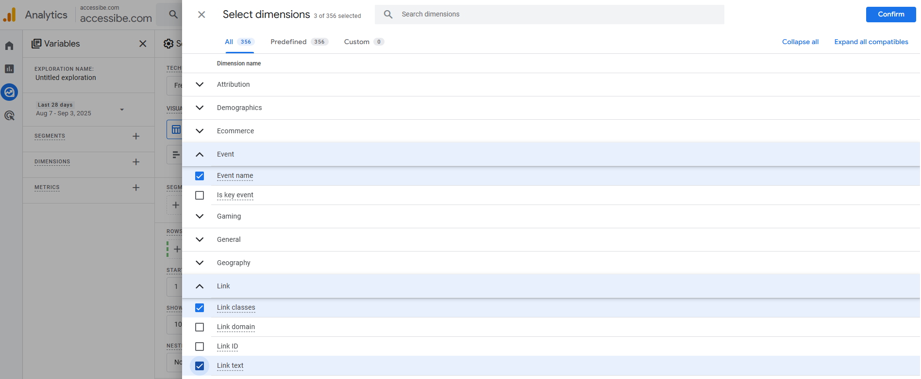 Screenshot of select dimensions