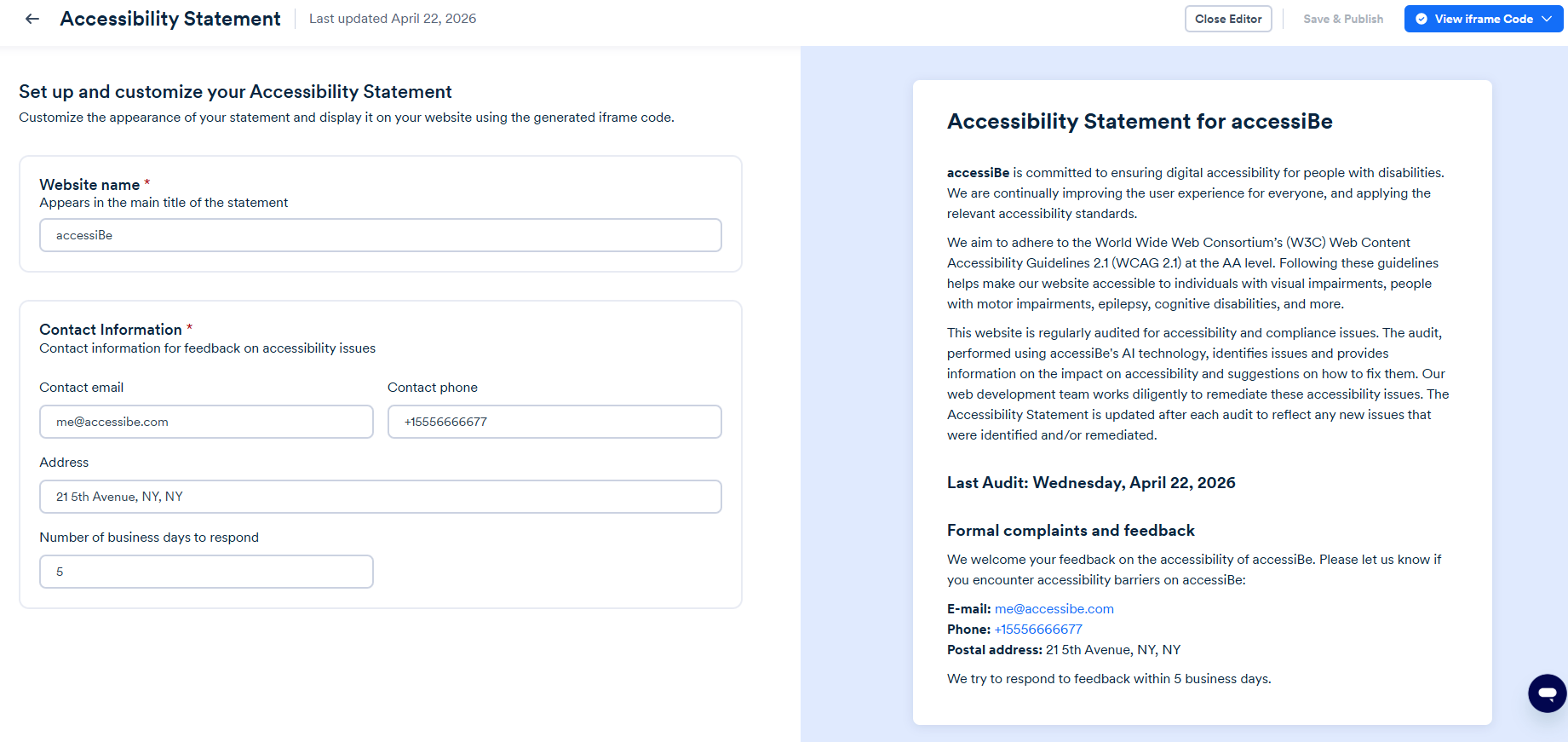 Screenshot of accessibility statement
