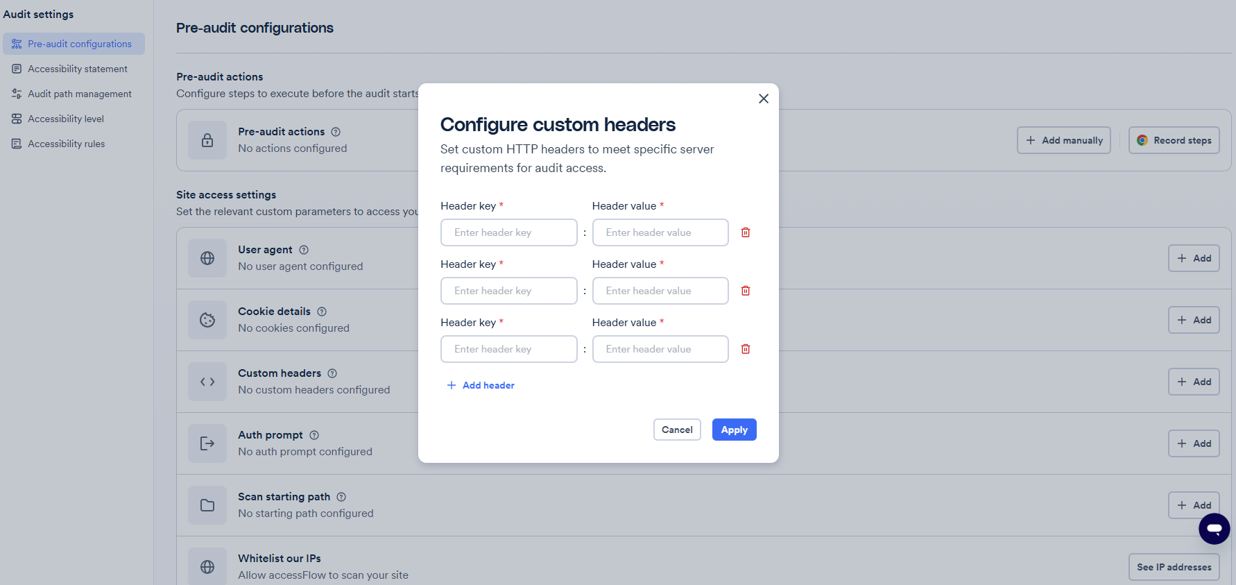 Screenshot of configure custom headers