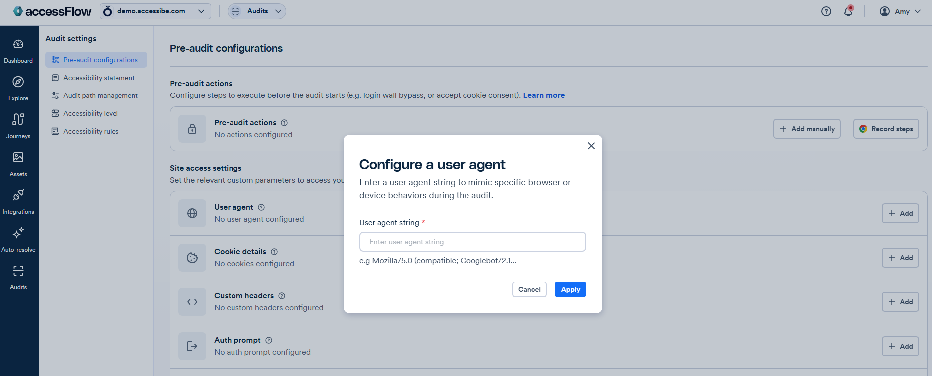 Screenshot of configure a user agent